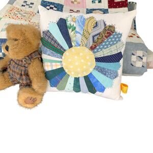 Handmade Pillow Quilted Small 8" Accent Blue Green Yellow Dresden Plate Pieced